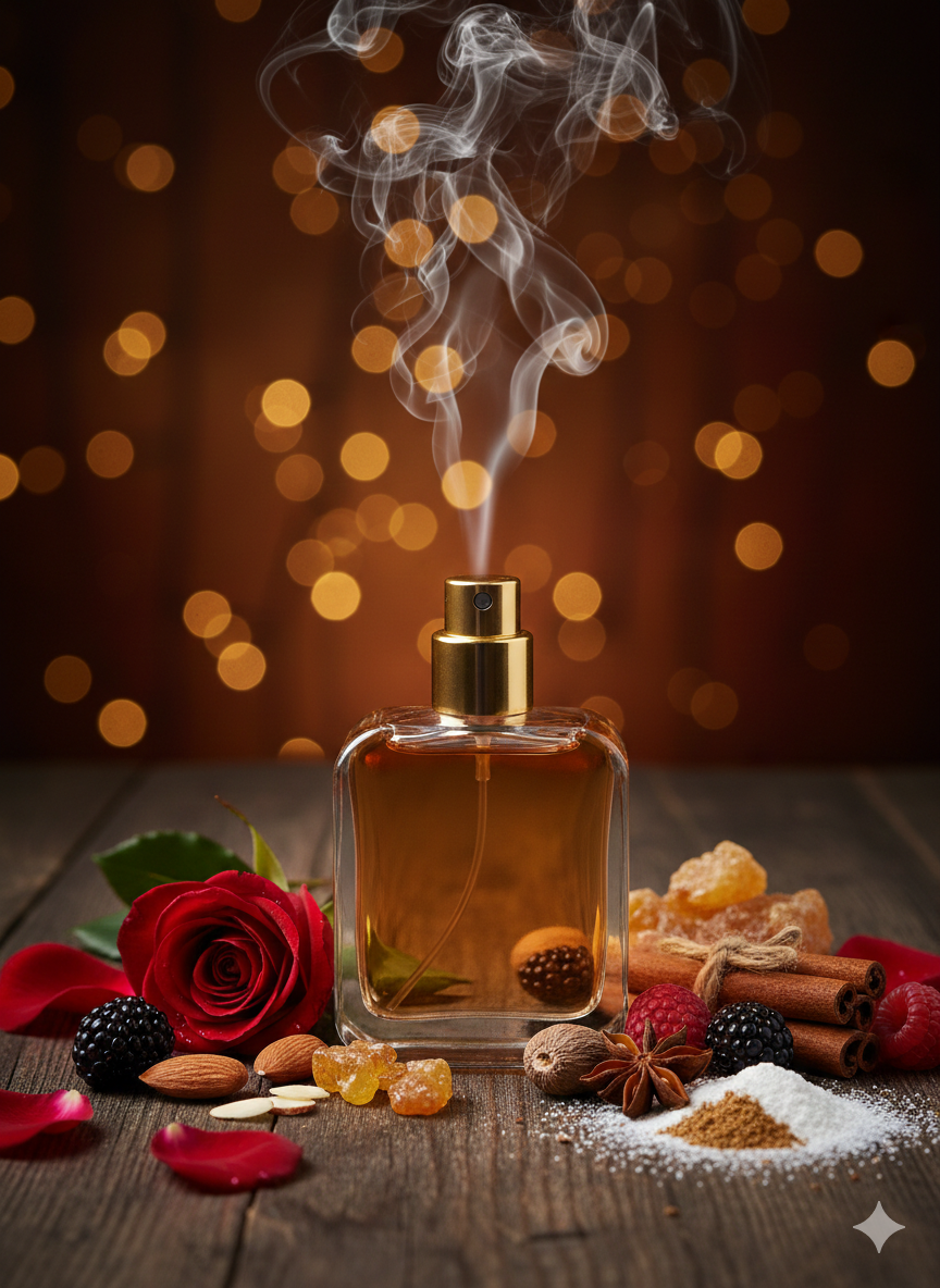 Perfume bottle with smoke, red rose, and spices on a wooden surface with bokeh lights in the background